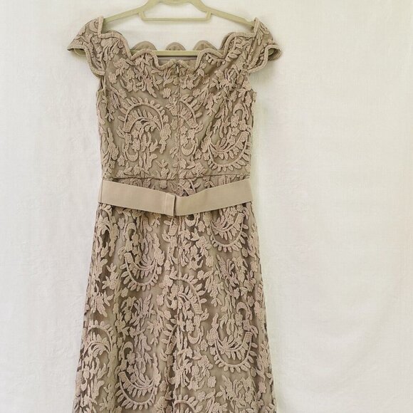 Tadashi Shoji Womens 6 Taupe Embroidered Lace Maxi Evening Dress Gown Party - Picture 8 of 16